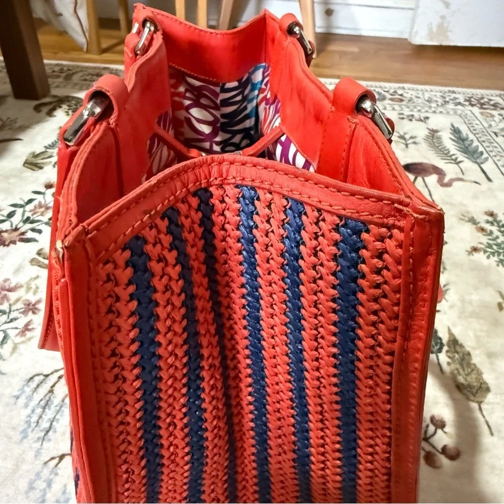 MARC JACOBS Large Tote SAMI Red Orange Navy Woven Weaved w/ Leather Trim Handle